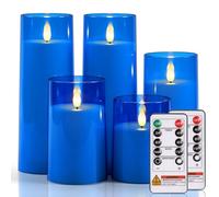 Raycare Blue Battery Operated Candles Flameless Candles with Timer and Remote 3" x 4" 5" 6" 8" 8", 5 Pcs Acrylic Flickering LED Pillar Candles Romantic Ambiance and Home Decoration