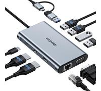 RayCue 9-in-1 USB C Docking Station Triple Display, 2X HDMI & VGA 4K Adapter, 10Gbps USB 3.1 Gen2, Gigabit Ethernet, 100W PD, 3 USB-A Ports for Windows/macOS Laptop (Dual Monitor Extended Mode)