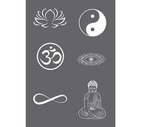 Rayher 45136000 Set of Mask Stencil Squeegee for Paper Crafts, Card Making and Painting, Reusable Silk Screen Template with Buddha and Yoga Themed Symbols, 14.8x21cm, Fabric, colourless, A5