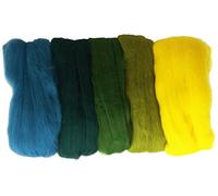 Rayher 5365300 Set of 5 Super Soft Merino Tops for Felting, Green and Yellow Coloured Roving, 10 g each, 100% Merino Wool, 19mic