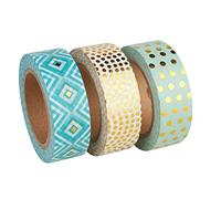 Rayher Washi Tape Set in 3 Designs with gold Details, Self-Adhesive Craft Tape for Paper crafts, Scrapbooking and Home Decor, mint, blue, and white, 15mm