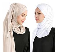 Rayiisuy Women 2PCS Set Jersey Hijab Lightweight Soft Solid Color Instant Hijab Shawls and Wraps Muslim Stretch Head Scarf, Beige,white, One Size
