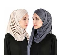 Rayiisuy Women 2PCS Set Jersey Hijab Lightweight Soft Solid Color Instant Hijab Shawls and Wraps Muslim Stretch Head Scarf, Beige,grey,