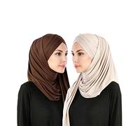 Rayiisuy Women 2PCS Set Jersey Hijab Lightweight Soft Solid Color Instant Hijab Shawls and Wraps Muslim Stretch Head Scarf, Beige,coffee,