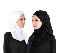 Rayiisuy Women 2PCS Set Jersey Hijab Lightweight Soft Solid Color Instant Hijab Shawls and Wraps Muslim Stretch Head Scarf, Black,white,