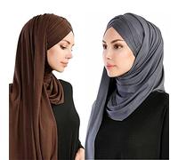 Rayiisuy Women 2PCS Set Jersey Hijab Lightweight Soft Solid Color Instant Hijab Shawls and Wraps Muslim Stretch Head Scarf, Coffee,grey,