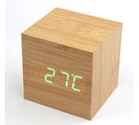 RayLineDo® Fashion Bamboo Wood Cube Mini Green LED Wooden Digital Alarm Clock -Time Temperature Date Display - Voice and Touch Activated