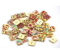 RayLineDo®Mixed Flower Printed Square Shaped Wooden Buttons Crafting Sewing DIY 2 Holes Approx 50 PCS