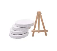 RayLineDo® Set of 4pcs Mini Round Shaped Artist Blank Canvas Frame 4inch (10cm) Oil Water Painting Board Flat Canvas with 1pc Mini Wood Display Easel