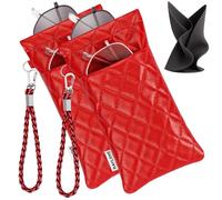 RayLove Double Eyeglass Case Glasses Case Soft with Carrying Strap Leather Eyeglasses Pouch Sunglasses Case For Women Men, 2red, One Size