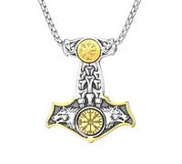 Raymard Men's Thor Hammer Mjolnir Necklace, Double Wolf Head Galdrastafir Talismen Pendant for Men, 24" Rolo Chain Norse Viking Jewelry for Men, Stainless Steel, No Gemstone
