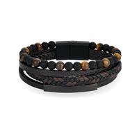 Raymard Mens Tiger Eye Black Obsidian Lava Rock Lapis Lazuli Stone Beaded Bracelet,Wrap Braided Leather Cuff Bangle Bracelet for Men,Stainless Steel Clasp, 8.3", Faux Leather, no gemstone