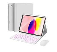 RAYMCRAFT for iPad 11th (A16, 2025) / 10th Generation Case with Keyboard, Mouse and Detachable Wireless Keyboard, 7-Color Backlight, Slim Case with Pencil Holder, White