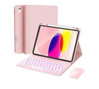 RAYMCRAFT for iPad 11th (A16, 2025) / 10th Generation Case with Keyboard, Mouse and Detachable Wireless Keyboard, 7-Color Backlight, Slim Case with Pencil Holder, Pink