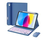 RAYMCRAFT for iPad 11th (A16, 2025) / 10th Generation Case with Keyboard, Mouse and Detachable Wireless Keyboard, 7-Color Backlight, Slim Case with Pencil Holder, Steel Blue