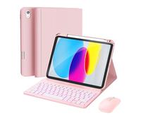 RAYMCRAFT for iPad 11th (A16, 2025) / 10th Generation Case with Keyboard, Mouse and Detachable Wireless Keyboard, 7-Color Backlight, Slim Case with Pencil Holder, Pink