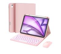 RAYMCRAFT for iPad Air 11 inch Case with Keyboard M3/M2 (2025/2024), Mouse and Detachable Wireless Keyboard, 7-Color Backlight, Slim Case with Pencil Holder, Pink