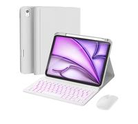 RAYMCRAFT for iPad Air 11 inch Case with Keyboard M3/M2 (2025/2024), Mouse and Detachable Wireless Keyboard, 7-Color Backlight, Slim Case with Pencil Holder, White