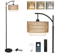 Rayofly Arc Floor Lamp for Living Room, Dimmable Floor Lamps with Remote Control, Boho Standing Lamp with Rattan & Linen Double Shades, Black Reading Tall Lamp for Bedroom Office