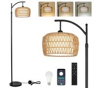 Rayofly Arc Floor Lamps for Living Room, Dimmable Floor Lamp with Remote Control, Boho Floor Lamp with Rattan & Linen Lampshades, Black Corner Standing Lamp for Bedroom Office, Smart LED Bulb Included