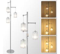 Rayofly Dimmable Floor Lamps for Living Room, 3-Lights Crystal Standing Lamps for Living Room, Chrome Floor Lamp with Glass Lampshades, Modern Floor Lamp for Bedroom, Standard Tall Lamps for Office