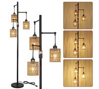 Rayofly Dimmable Rattan Floor Lamp, 3-Lights Boho Lamp with Stepless Dimmer, Industrial Lamps for Living Room, Tall Tree Shades, Farmhouse Standing Bedroom Black-3 Lights
