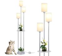 Rayofly Floor Lamp with Shelves, Modern Floor Lamps for Living Room, 3-Lights Standing Lamp with Linen Shades and Foot Switch, Modern Standing Lamps for Bedroom, Corner Tall Lamp for Office, Chrome