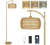 Rayofly Rattan Floor Lamp with Remote Control, Gold Floor Lamp with Dimmable LED Bulb & Foot Switch, Boho Standing Lamp with Double Shades, Modern Floor Lamp for Living Room, Tall Lamp for Bedroom