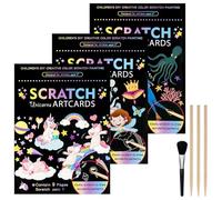 Rayong Set of 3 Scratch Pictures for Children 18.5 x 13.5 cm Magic Rainbow Scratch Paper Scratch Book Scratch Paper Set with Colourful Gradient and Scratch Pen, Unicorn, Little Fairy, Submarine World