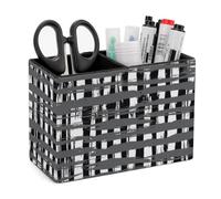 rayprint Plaid Pattern with Crossing Watercolor Lines PU Leather Pen Holder Desk Organizer, 2-Compartment Pencil Container for Office, Home, Vanity Use