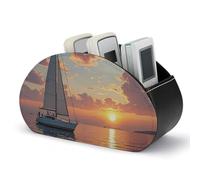 rayprint Sailboat and Sunset Remote Control Holder, TV Remote Caddy Storage Box, Leather Desktop Organizer, PU Pencil Holder, Stationary Organizer for Living Room Office (5 Compartments)