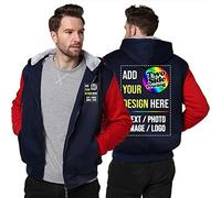 Raysent Custom Fleece Hoodie Jacket 2 Side Front Back Print Design Your Own Flannel Thick Winter Warm Thermal Zip up, Navy/Red, S
