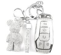 Rayslesan Cute Key Fob Cover with Rhinestone Bear Charm, TPU Smart Key Case for Women, Compatible with Ford Fusion (Mondeo) Mustang F150 Edge Explorer,Lincoln MKZ MKC MKX (5-Button, Silver)