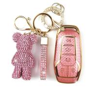 Rayslesan Cute Key Fob Cover with Rhinestone Bear Charm, TPU Smart Key Case for Women, Compatible with Ford Fusion (Mondeo) Mustang F150 Edge Explorer,Lincoln MKZ MKC MKX (5-Button, Gold Pink)