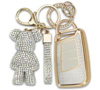 Rayslesan Cute Key Fob Cover with Rhinestone Bear Charm, TPU Smart Key Case for Women, Compatible with VW Atlas Taos Passat Golf Alltrack Tiguan Arteon,Skoda Kodiaq Superb A7 (3-Button,Gold White)