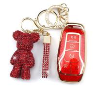 Rayslesan Cute Key Fob Cover with Rhinestone Bear Charm, TPU Smart Key Case for Women, Compatible with Ford Fusion (Mondeo) Mustang F150 Edge Explorer,Lincoln MKZ MKC MKX (5-Button, Gold Red)
