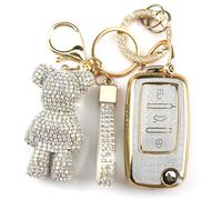 Rayslesan Cute Key Fob Cover with Rhinestone Bear Charm, TPU Smart Key Case for Women, Compatible with VW Tiguan Passat Polo MK5 Touran Jetta Beetle Golf Santana Scirocco Eos (3-Button,Gold White)