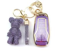 Rayslesan Cute Key Fob Cover with Rhinestone Bear Charm, TPU Smart Key Case for Women, Compatible with Ford Fusion (Mondeo) Mustang F150 Edge Explorer,Lincoln MKZ MKC MKX (5-Button, Gold Purple)