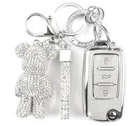 Rayslesan Cute Key Fob Cover with Rhinestone Bear Charm, TPU Smart Key Case for Women, Compatible with VW Tiguan Passat Polo MK5 Touran Jetta Beetle Golf Santana Scirocco Eos (3-Button,Silver)