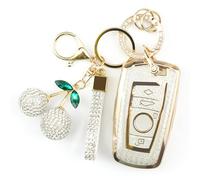 Rayslesan Sparkly Key Fob Cover with Cherry Keychain, Bling TPU Smart Key Case for Women, Compatible with BMW 2 5 6 7 X1 X2 X3 X5 X61 3 4 5 6 7 Series X3 X4 M5 M6 GT3 GT5(4-Button, Gold White)
