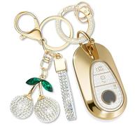 Rayslesan Sparkly Key Fob Cover with Cherry Keychain, Bling TPU Smart Key Case for Women, Compatible with Mercedes Benz S-Class G-Class E-Class EQE EQS 2020-2025 (3-Button, Gold White)