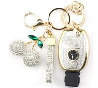 Rayslesan Sparkly Key Fob Cover with Cherry Keychain, Bling TPU Smart Key Case for Women, Compatible with Mercedes C/C AMG，E/E AMG ，R S G LK ML Series (3-Button, Gold White)