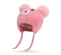 Rayson Kids Winter Hat, Pink, Ear Flap, Fleece Lined, Knitted Cap, Dual Pom-Pom, Cute Bear Design