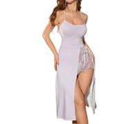 Rayson Sexy Lace Halter Sleeveless Long Dress with Tulle Fringes for Summer Club Night and Party, white, S