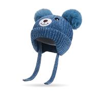 Rayson Winter Warm Hat Baby Earflap Fleece Lined Knitted Cap Toddler Dual Pom-Pom Chenille Knitted Warm Hat Cute Bear Kids Winter Hat with Ear Flaps,Blue