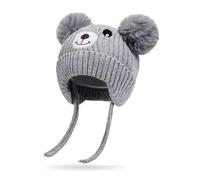 Rayson Winter Warm Hat Baby Earflap Fleece Lined Knitted Cap Toddler Dual Pom-Pom Chenille Knitted Warm Hat Cute Bear Kids Winter Hat with Ear Flaps,Grey