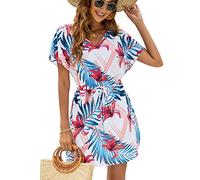Rayson Womens Beach Cover Up Plunge V Neck Beach Dress Tie Waist Bathing Suit V Neck Chiffon Beachwear Coverup Blouse Skirt,Flowers
