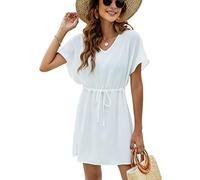 Rayson Womens Beach Cover Up Plunge V Neck Beach Dress Tie Waist Bathing Suit V Neck Chiffon Beachwear Coverup Blouse Skirt,White