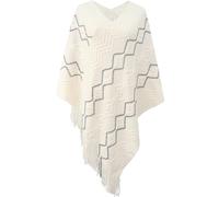 Rayson Women's Crochet Poncho with Fringe Pullover Coat, Elegant Cozy Wrap, Striped Wrap Cape, Beige