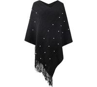 Rayson Women's Crochet Poncho with Fringe Pullover Coat, Elegant Cozy Wrap, Striped Wrap Cape, Black
